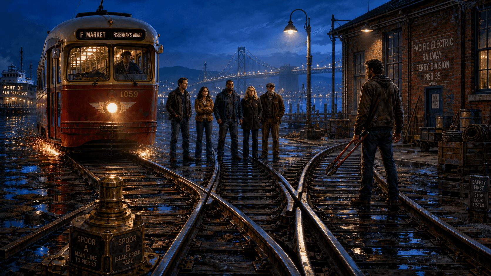 A sparking red trolley approaches a waterfront track switch; five adults stand on the main track while a man holding bolt cutters stands on the branching track.