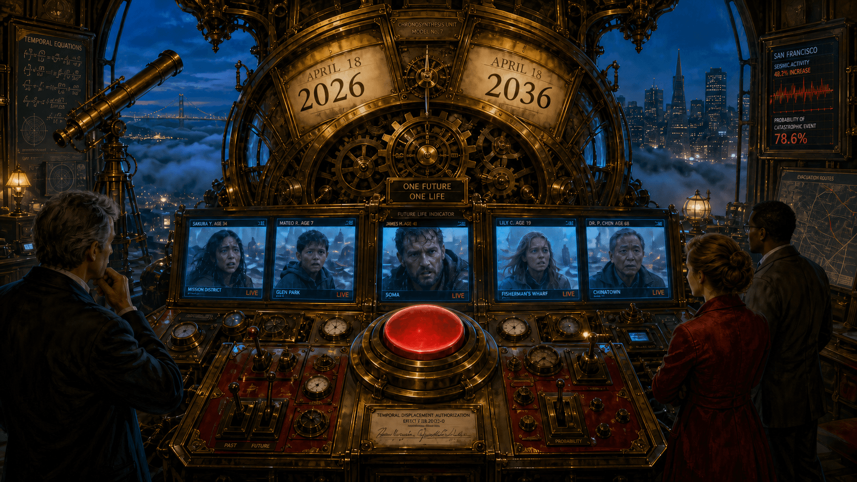 Five endangered people appear on live screens below a brass clockwork mechanism marked April 18, 2026 and April 18, 2036, with an unlettered red button at the center.