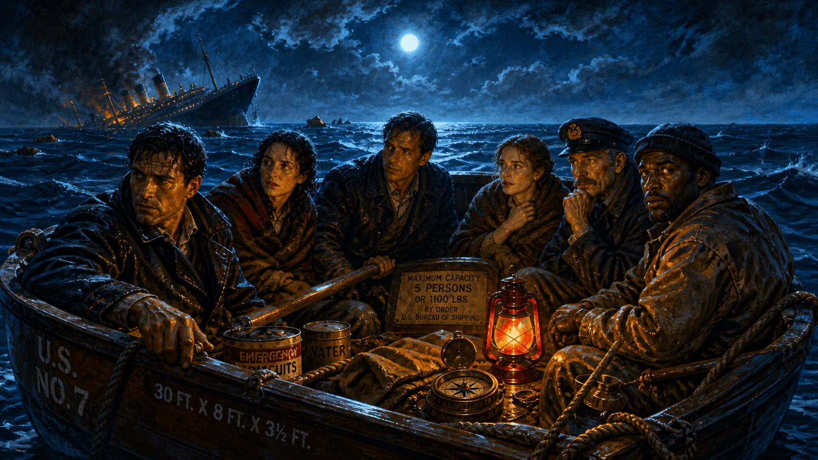 Six adults crowd into a five-person lifeboat on the open ocean beneath moonlight, with a sinking ship far behind them.
