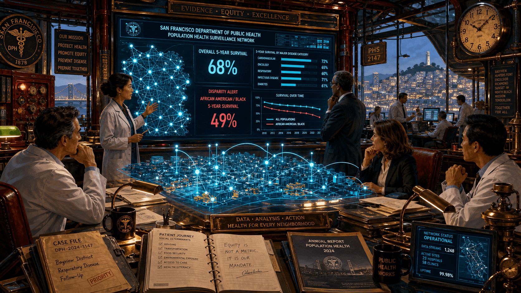 Public-health leaders examine a citywide medical network whose central display shows strong overall survival alongside a persistent disparity affecting Black patients.