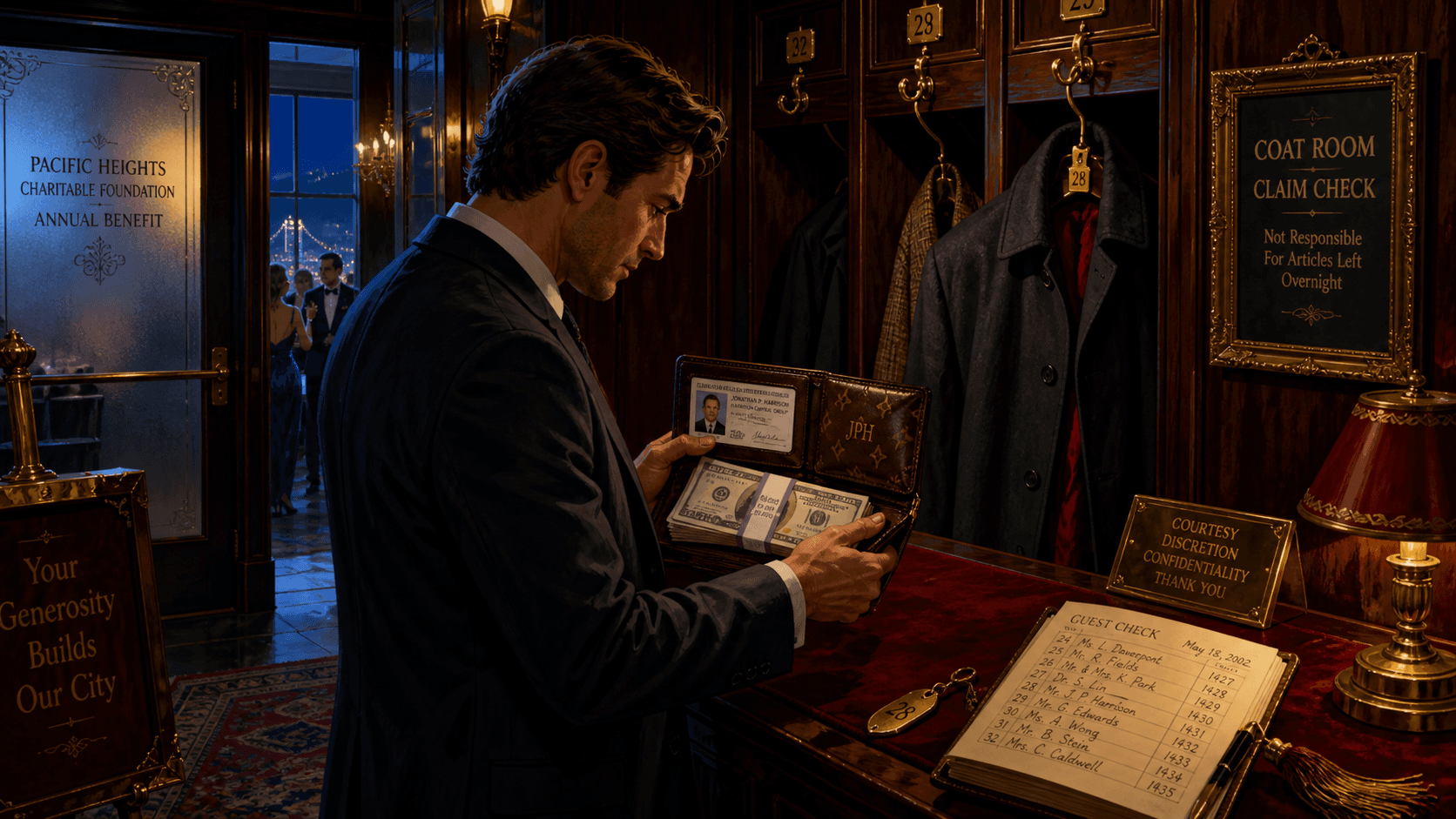 A guest examines a monogrammed wallet containing identification and banded cash in an unattended coatroom at a Pacific Heights charity event.