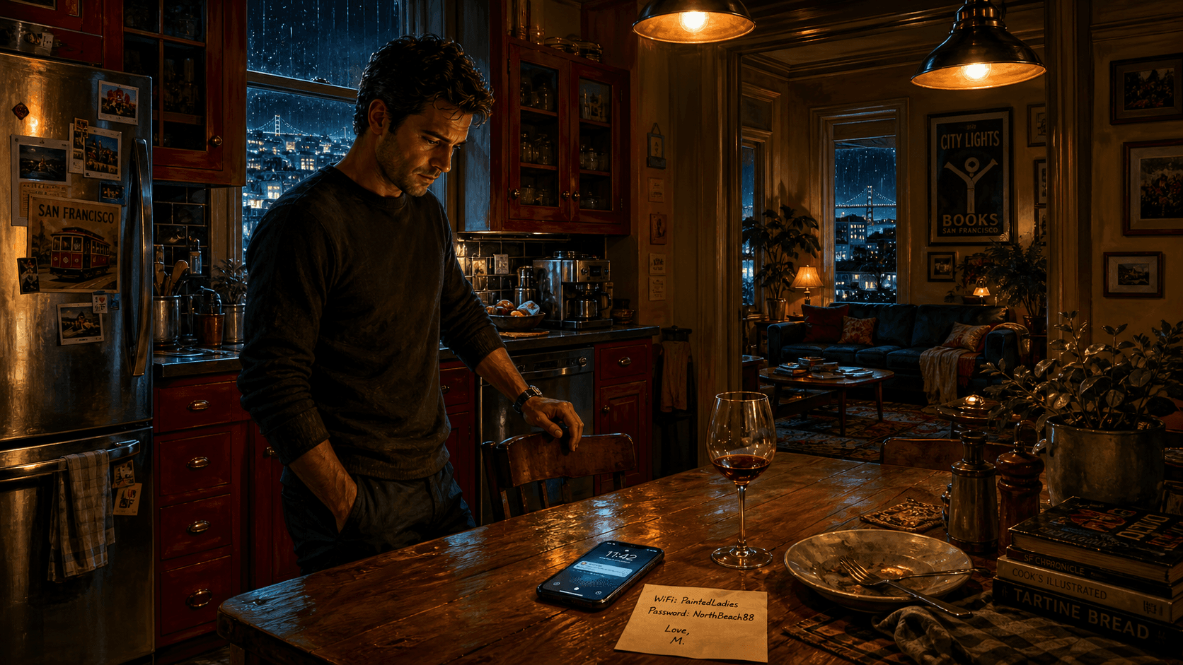A person stands alone in a warm San Francisco kitchen beside their partner's unattended phone and handwritten password note.