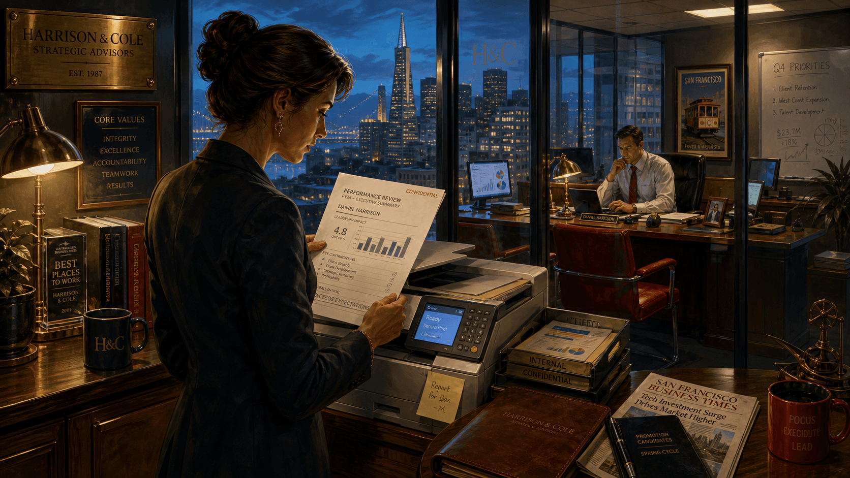 A promotion finalist reads a confidential performance report beside a late-night office printer while their closest colleague works behind glass.