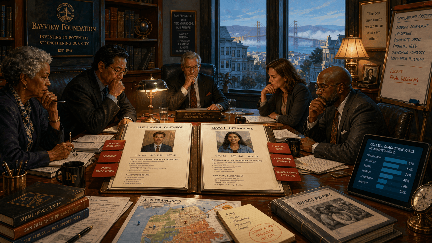 A San Francisco civic foundation committee considers two scholarship finalists, balancing exceptional achievement against profound financial need.