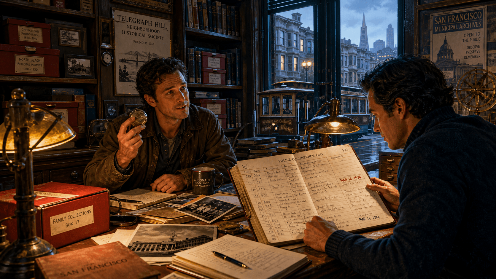 Two close friends sit across an archive table as one holds a comforting keepsake and the other studies records that contradict the memory.