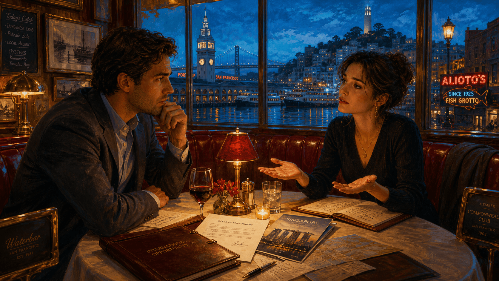 A couple discusses a dream job abroad over dinner at a San Francisco waterfront restaurant, with the offer and destination materials between them.