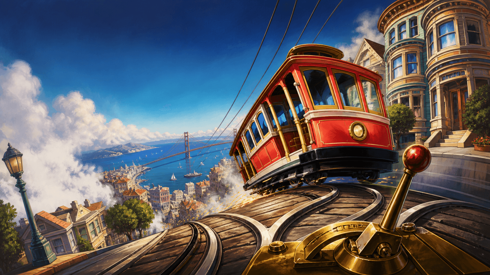 An illustrated red cable car racing uphill toward a track switch in San Francisco.